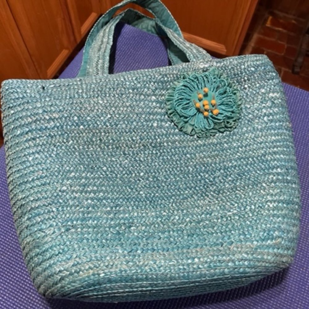 Turquoise Straw Tote, Beaded Accent, Lined